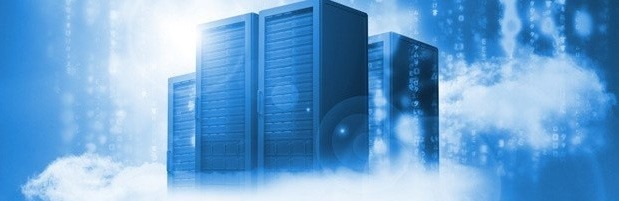 Visual illustration of a blue data centre inside a large data room