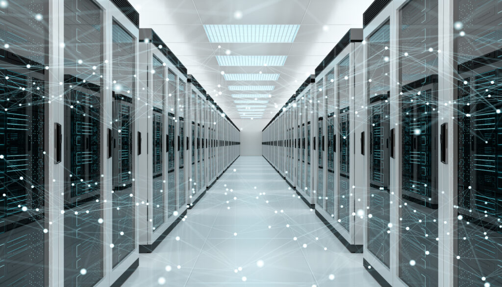 Server room center exchanging cyber datas and connections 3D rendering