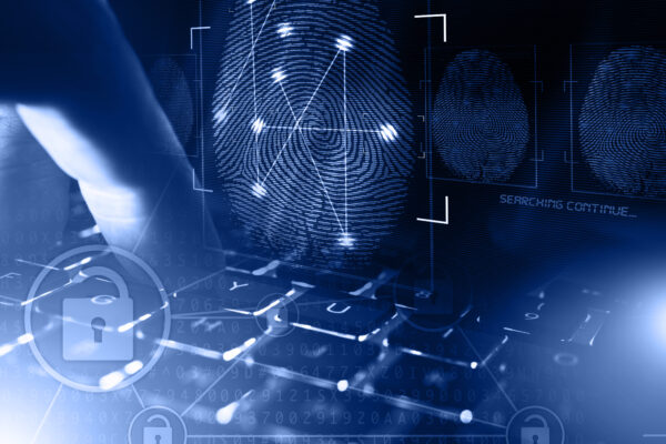 Online Security Check and Privacy Concept. Fingerprint and Computer Police Database Scan