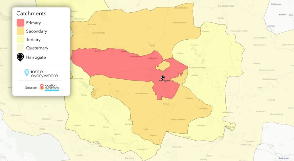 Screenshot of InSite showing different retail catchment areas around Harrogate and surrounding towns