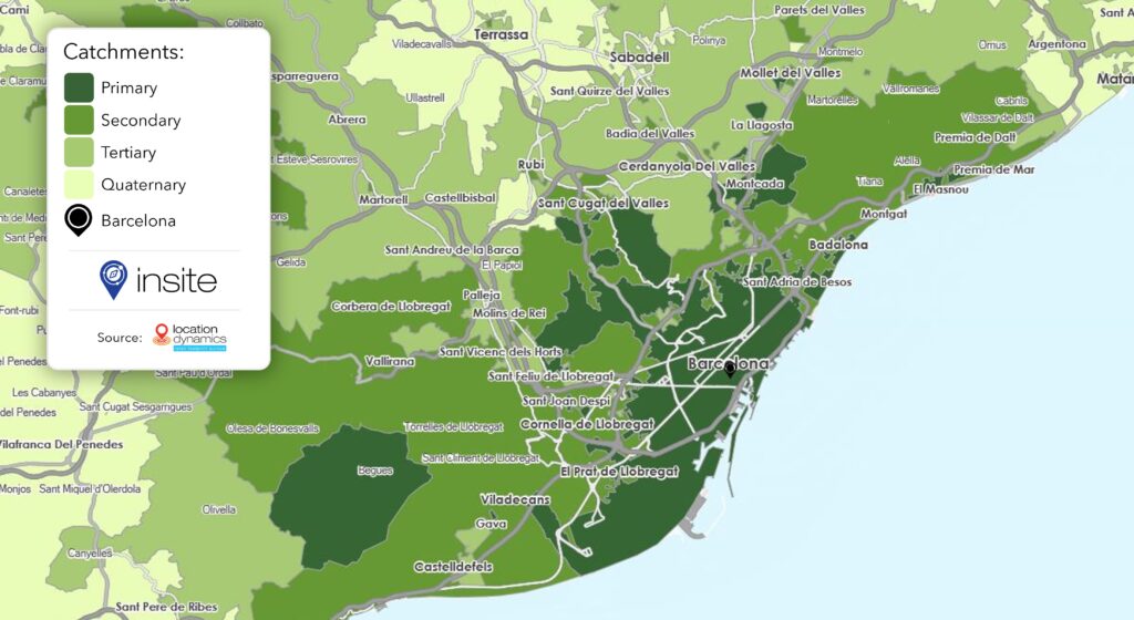 Screenshot of InSite showing various retail catchment areas across Barcelona and the surrounding towns