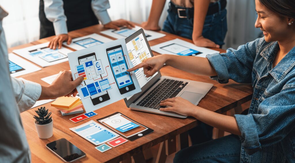 User research - A group of people collaborating on mobile app design, with one person holding mock-ups and another pointing at them.