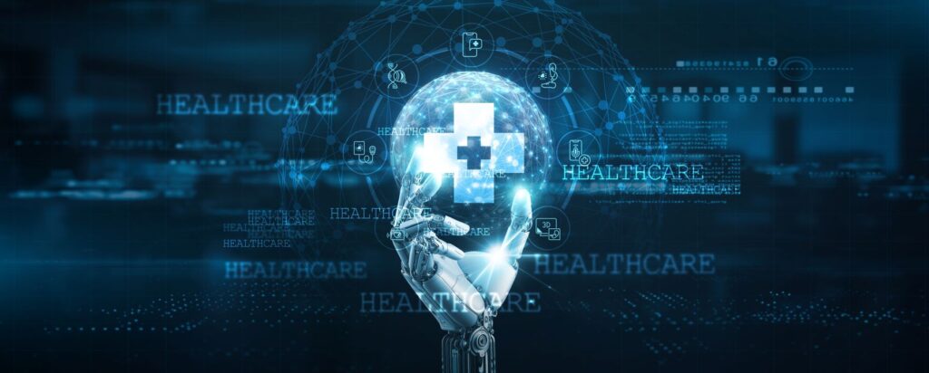 Hand holding up a healthcare cross icon surrounded by healthcare word cloud and symbols