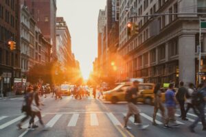 Westminster Council - Busy zebra crossing sunrise with people moving back and forth