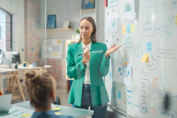 Segmentation Activation - Female analyst presenting findings on a whiteboard to a team in the office