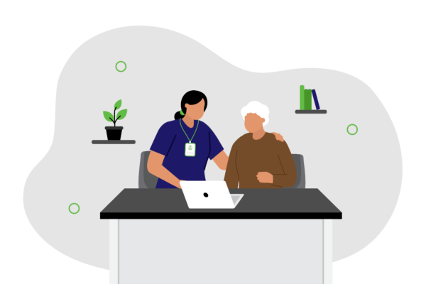 Illustration of a healthcare worker helping an elderly person use a laptop device on a desk