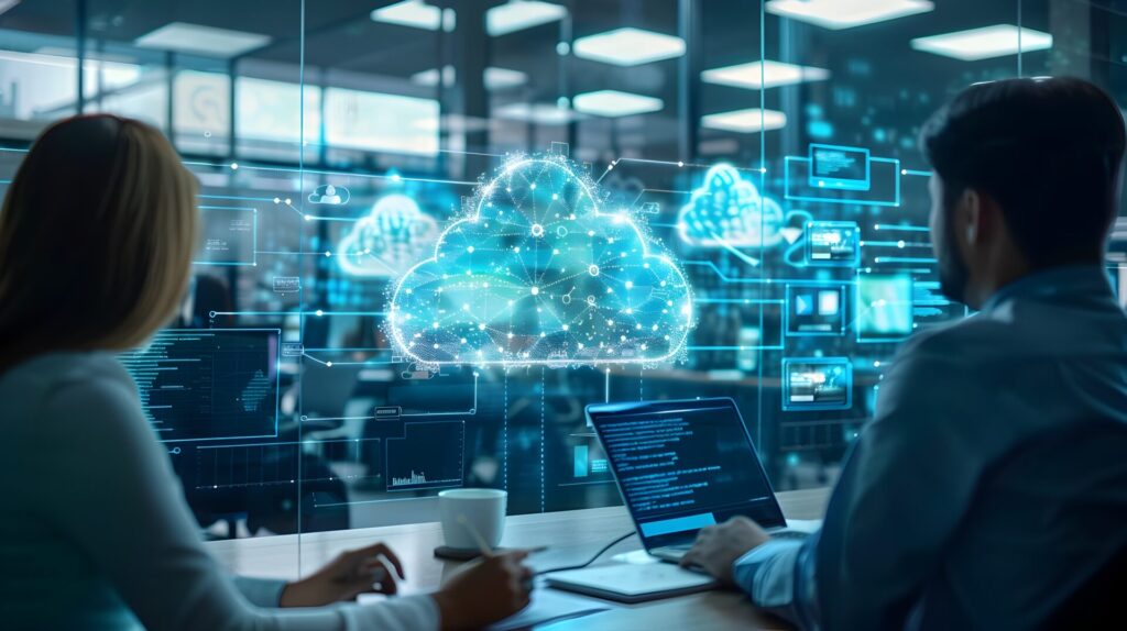 Two colleagues working together with a bright blue cloud representing the digital cloud in front of them