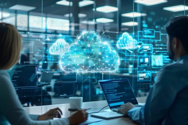 Trwo colleagues working together with a bright blue cloud representing the digital cloud in front of them