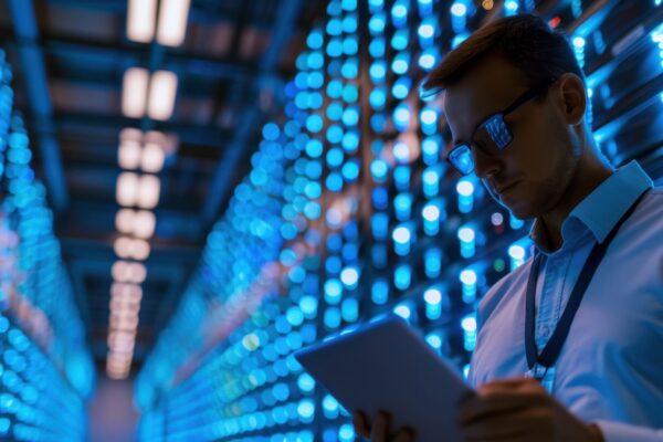 Employee checking a report on a tablet screen while standing in a large sever room lit with blue neon lights along a narrow hallway that stretches back