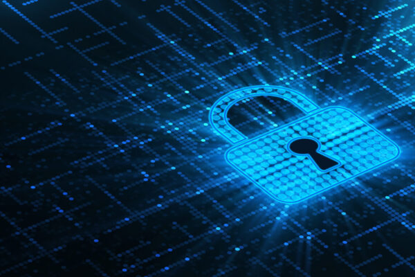 Cyber Security represented by a glowing blue lock
