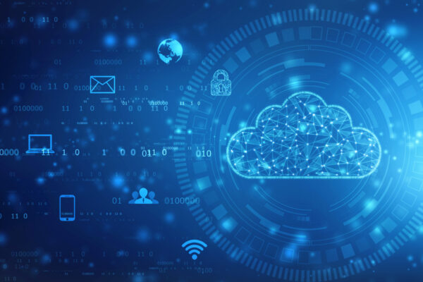 Illustration of a blue cloud with icons representing hybrid cloud technology surrounding it