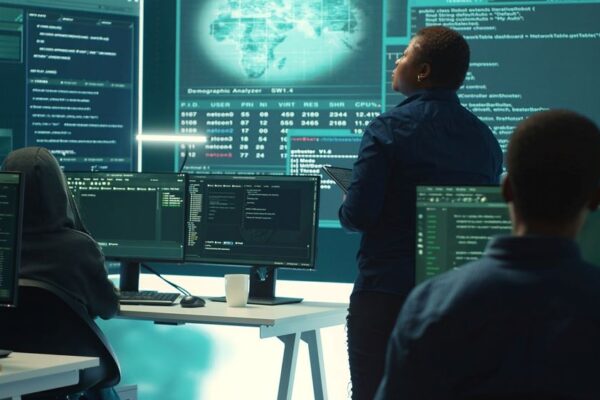 Team of IT experts working on national security and data privacy servers