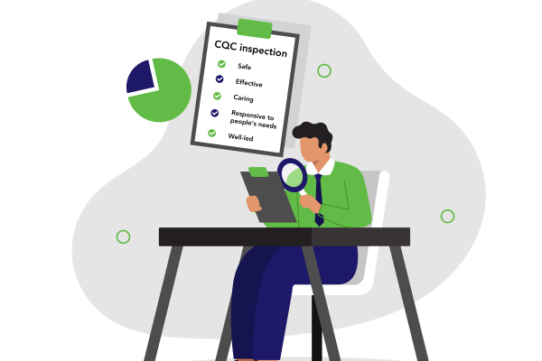 Vector image of a man looking an CQC inspection checklist with a magnifying glass at a desk