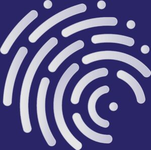 An icon representing a fingerprint against a dark blue background