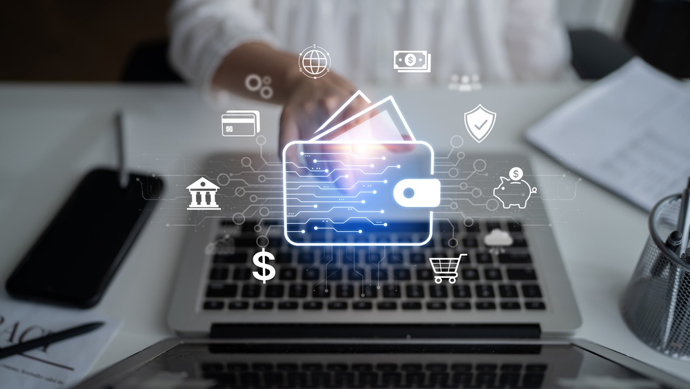 Modern mobile banking concept featuring secure digital wallet interface, contactless NFC payment, and money transfer