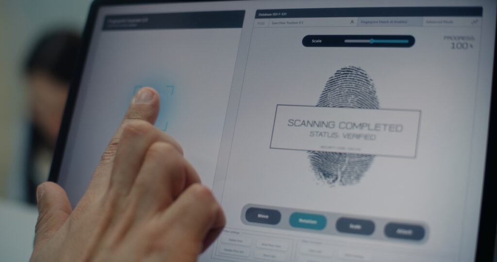 Biometrics Solutions - Close Up of Man Putting Finger on Touch Screen for Fingerprint Scanning. Tablet Computer Displayed Software for Biometric Identification of Tourist for Flight