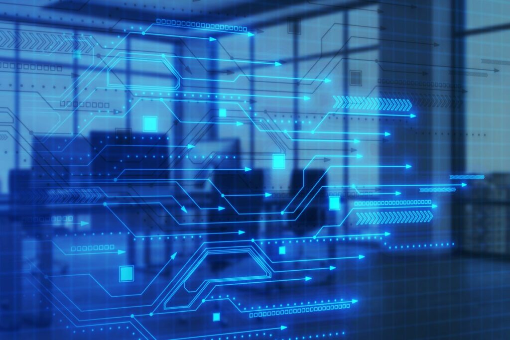 Jezero AI - Creative digital blue circuit grid on blurry office interior background