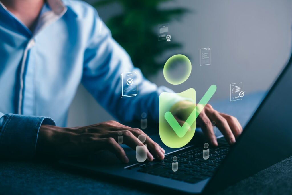 Biometrics Solutions - User verification concept showing person icon with green checkmark, symbolizing digital identity authentication and secure access